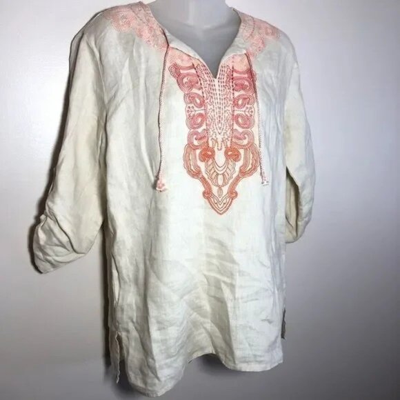 SYMPLE NYC BEIGE W/ORANGE-PEACH EMBROIDERED TUNIC W/ROLL TAB SLEEVES MEDIUM-NICE - Picture 2 of 6